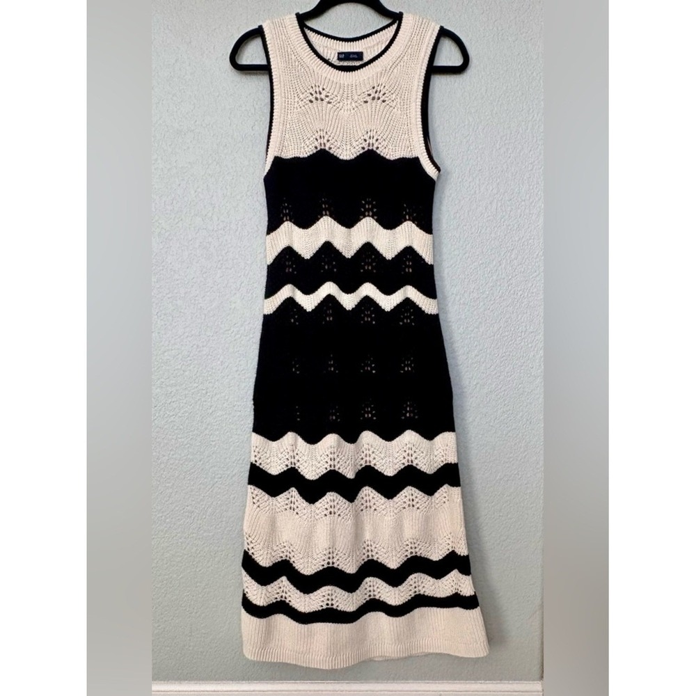 Gap Crochet Boho Chic Midi Dress Womens Black White Chevron Size Medium